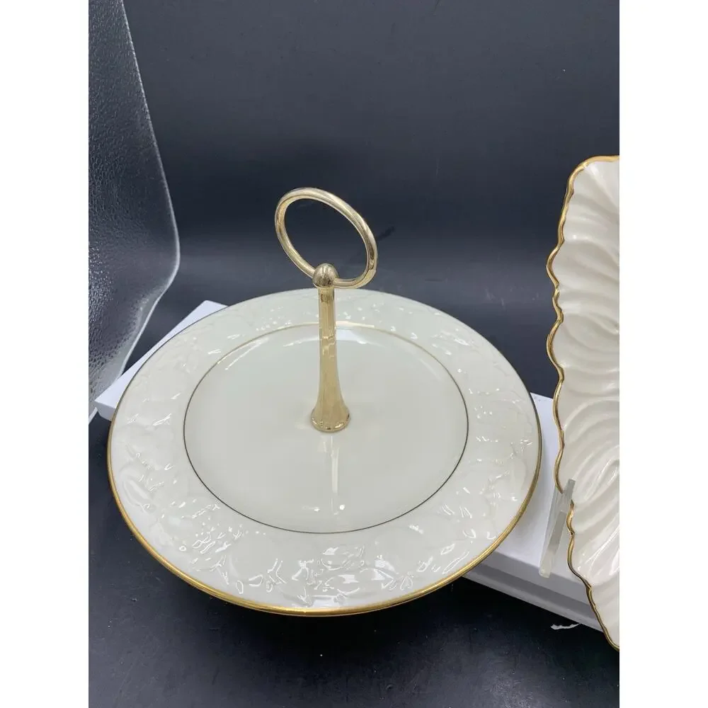 Lot of 2 Lenox Serving Pieces - Fruits of Life Tidbit Tray - Triad Leaf Embossed